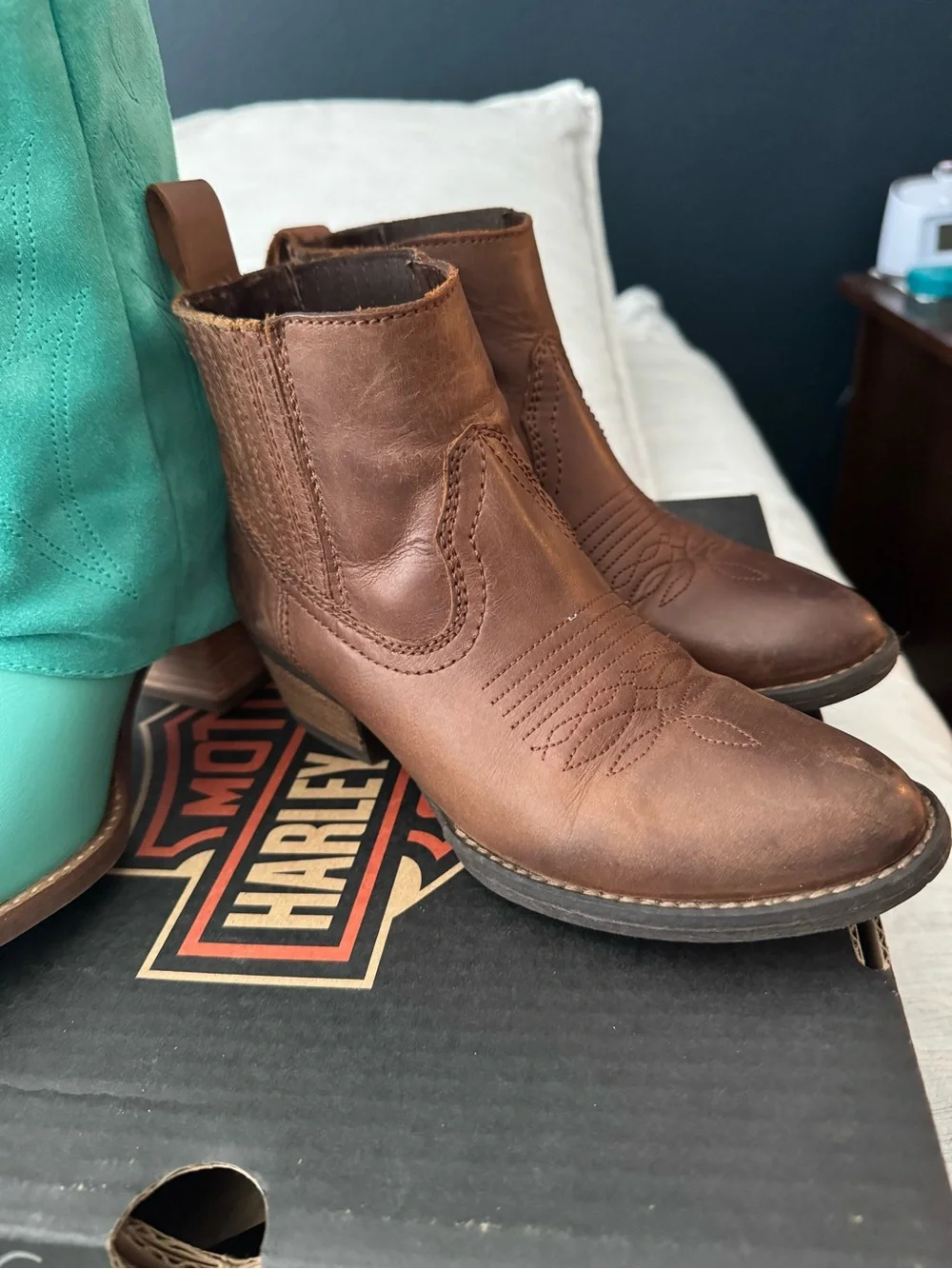 Harley-Davidson Brown Leather Ankle Booties with Western Stitching